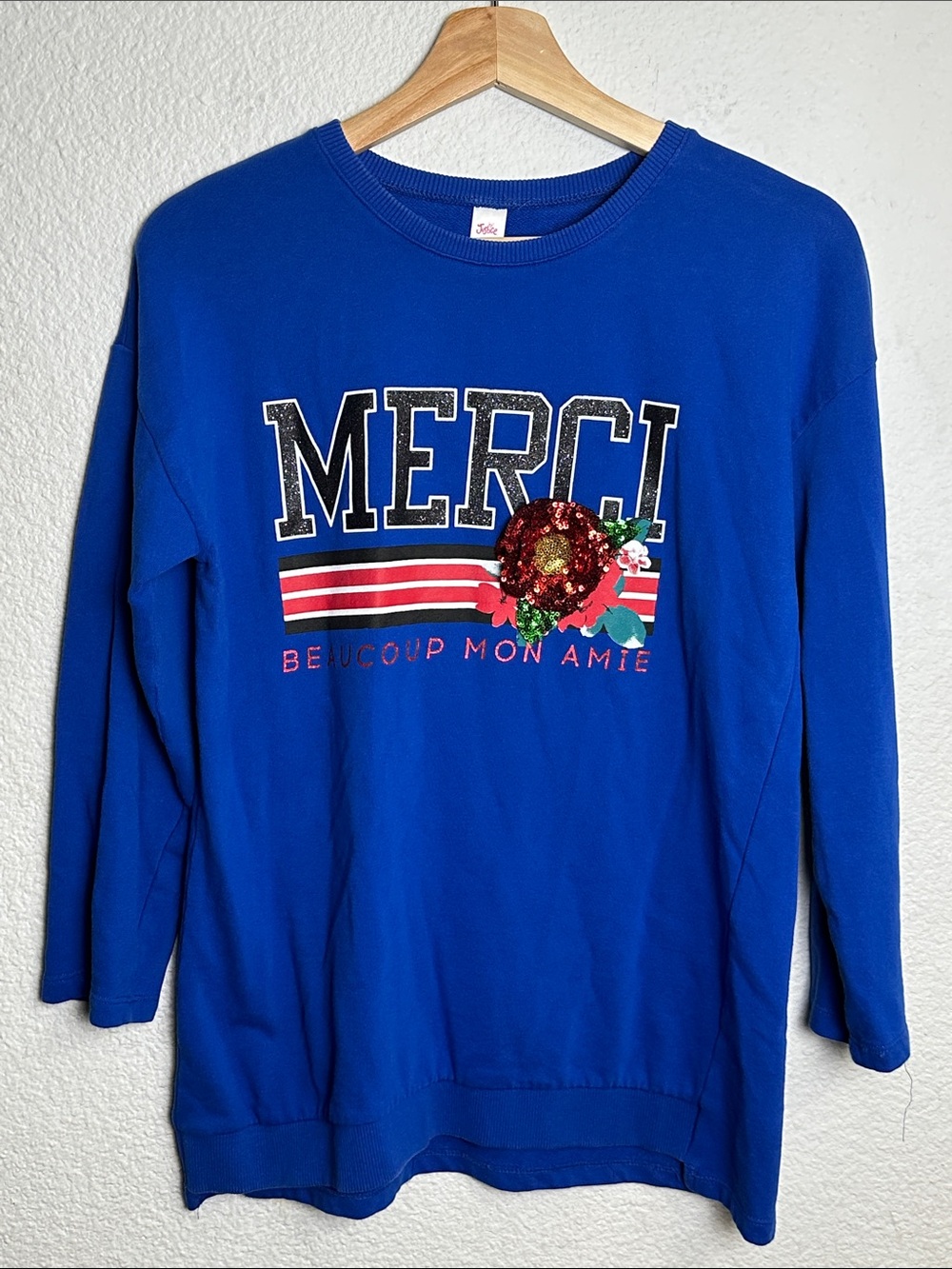 Girls Blue Cotton Sweatshirt Sequins Flower Pullover Youth 14/16
